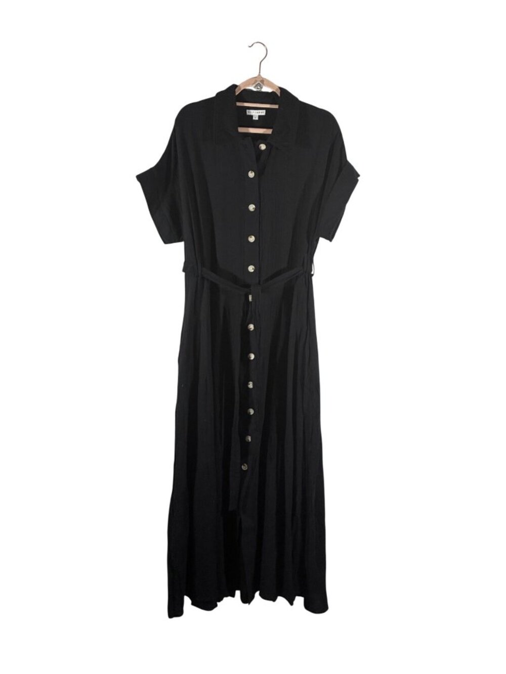 Baltic Born Aizey Black Button-Up slub cotton gauzy Maxi Dress Womens Size L - Picture 2 of 9